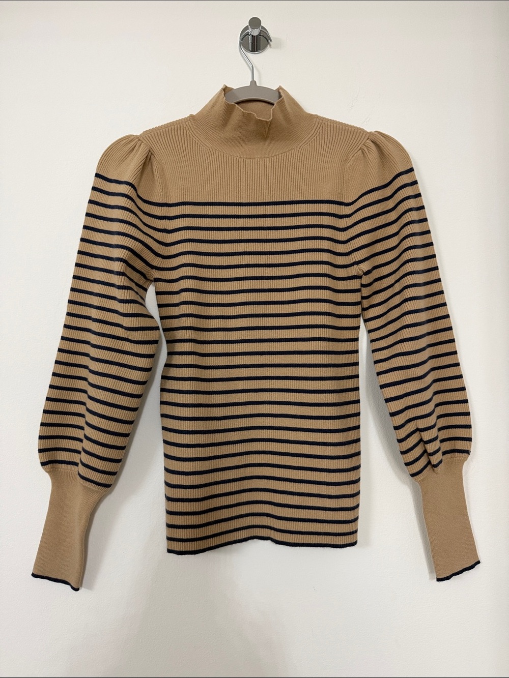 Ann Taylor Tan and Black Striped Puff-Sleeve Turtleneck Sweater